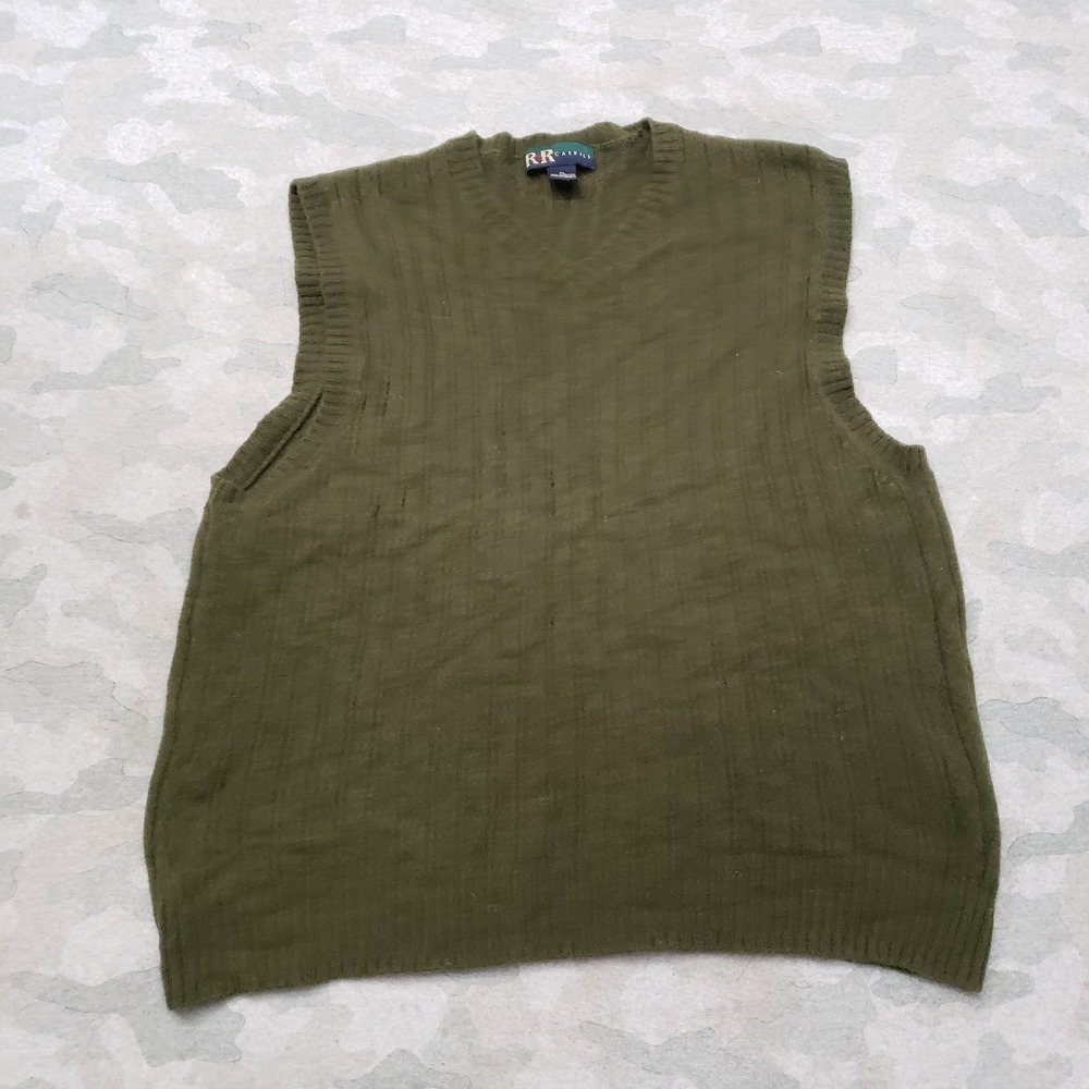 Vintage R&R Sweater Vest Mens XL Green Lambs Wool V-Neck Sleeveless Ribbed‎